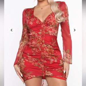 Fashion Nova Red Floral Long Sleeve Dress